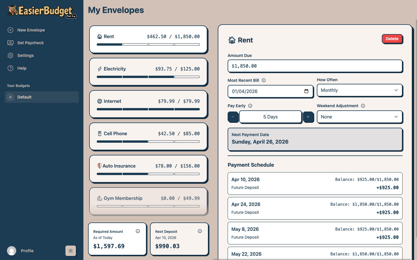 EasierBudget dashboard showing budget envelopes with progress bars indicating how much has been saved for each bill