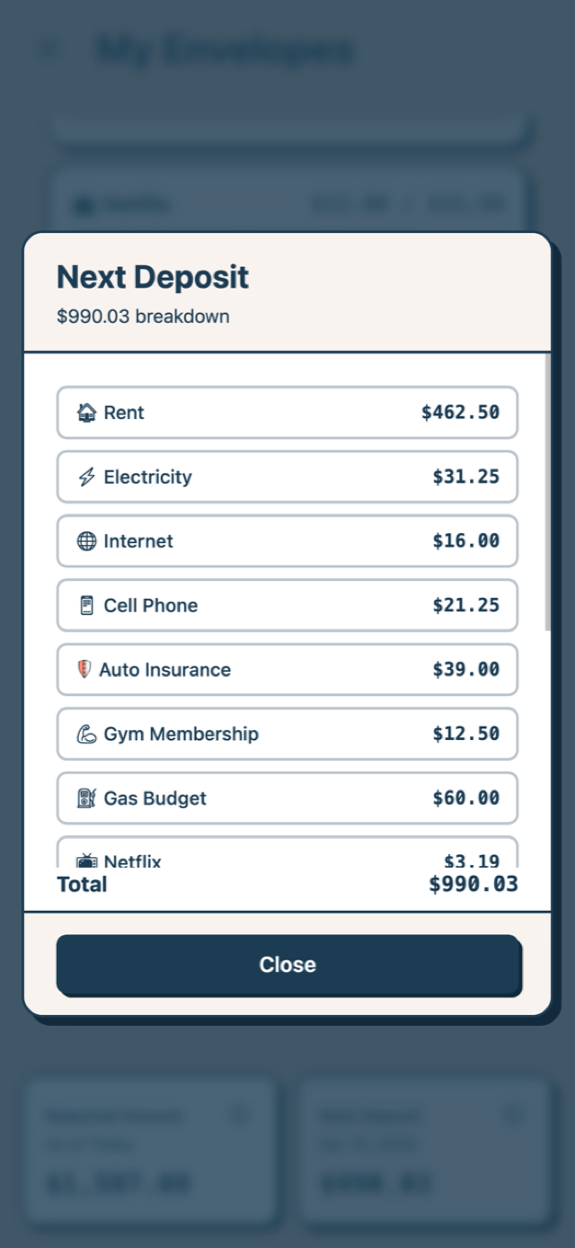 Next Deposit breakdown showing how much goes to each bill