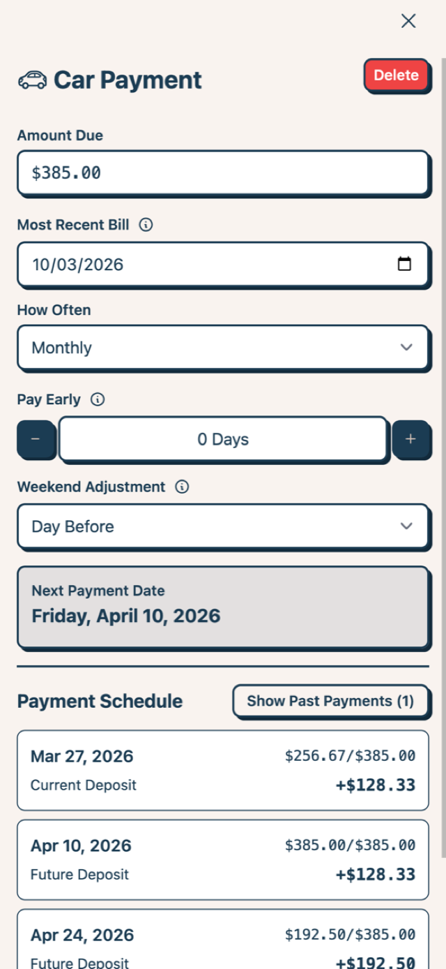 Car Payment envelope detail with payment schedule and settings