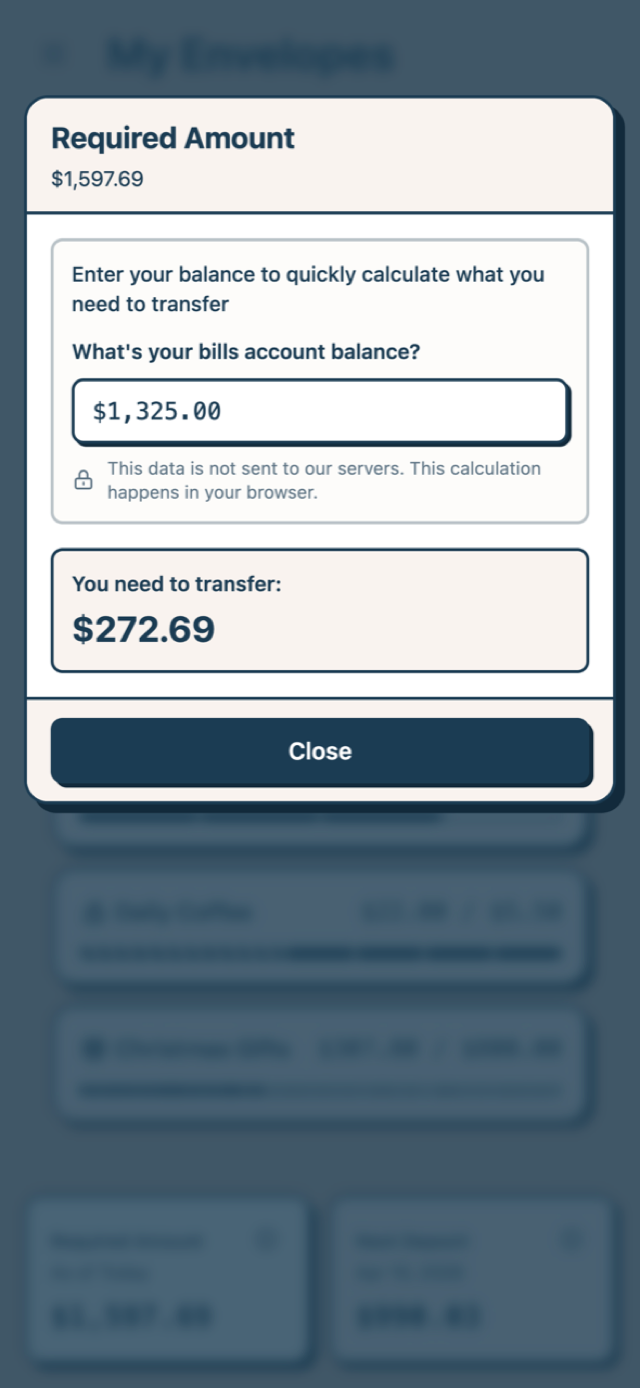 Required Amount calculator showing how much to transfer to bills account